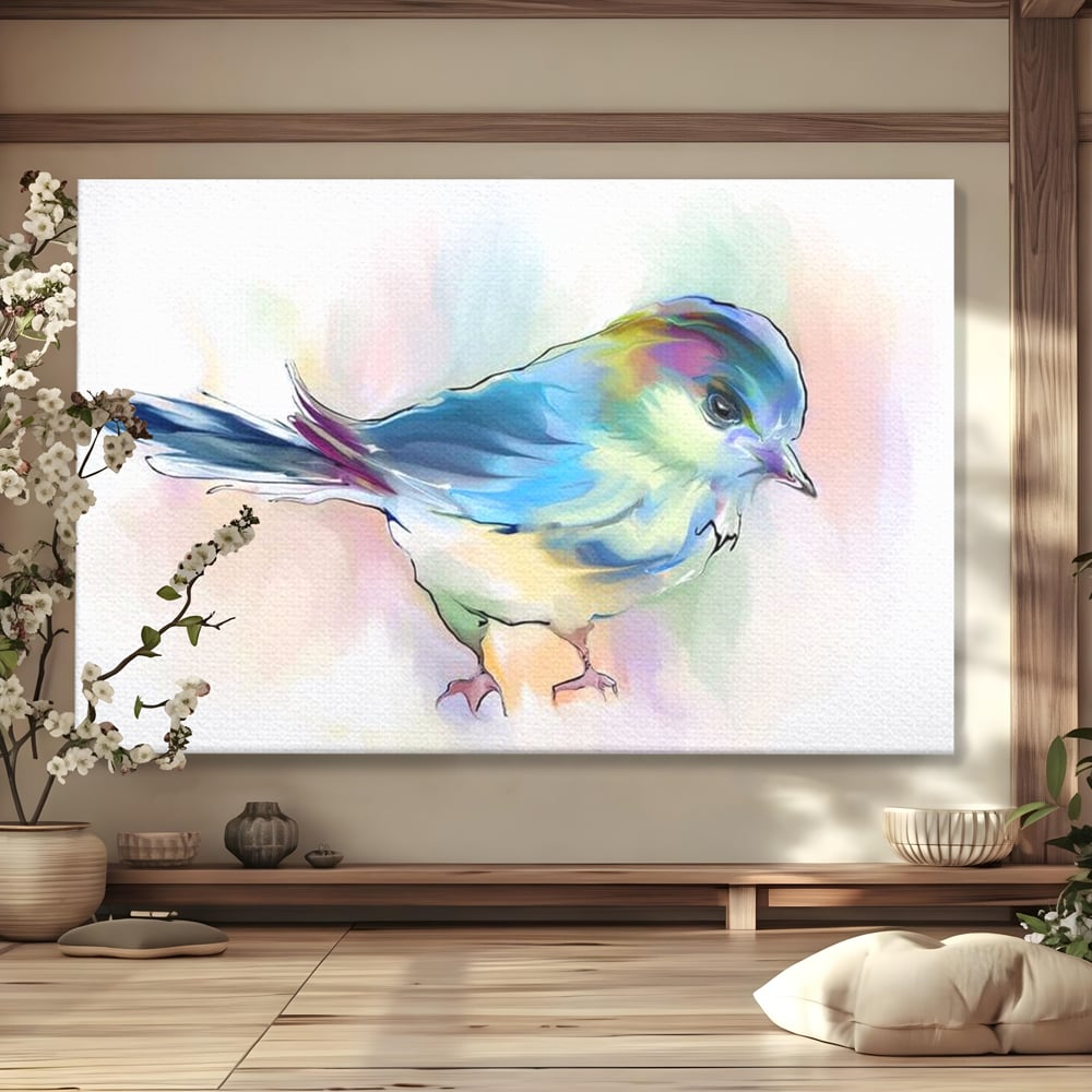 Tablou canvas cu tablou canvas cu pasare colorata in acuarela, fara rama, pe sasiu de lemn